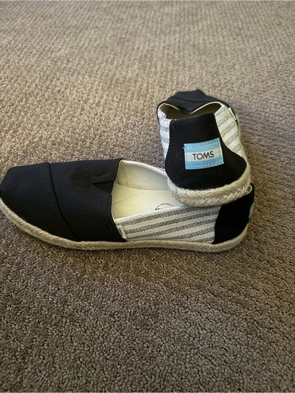 Toms Womens Black and White Striped Canvas Espadrille Slip-Ons
